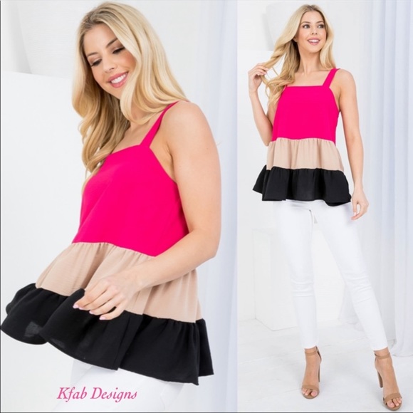❤️LAST 1! Fuchsia Square Neckline Tiered Ruffle Color Block Top! - Picture 2 of 7
